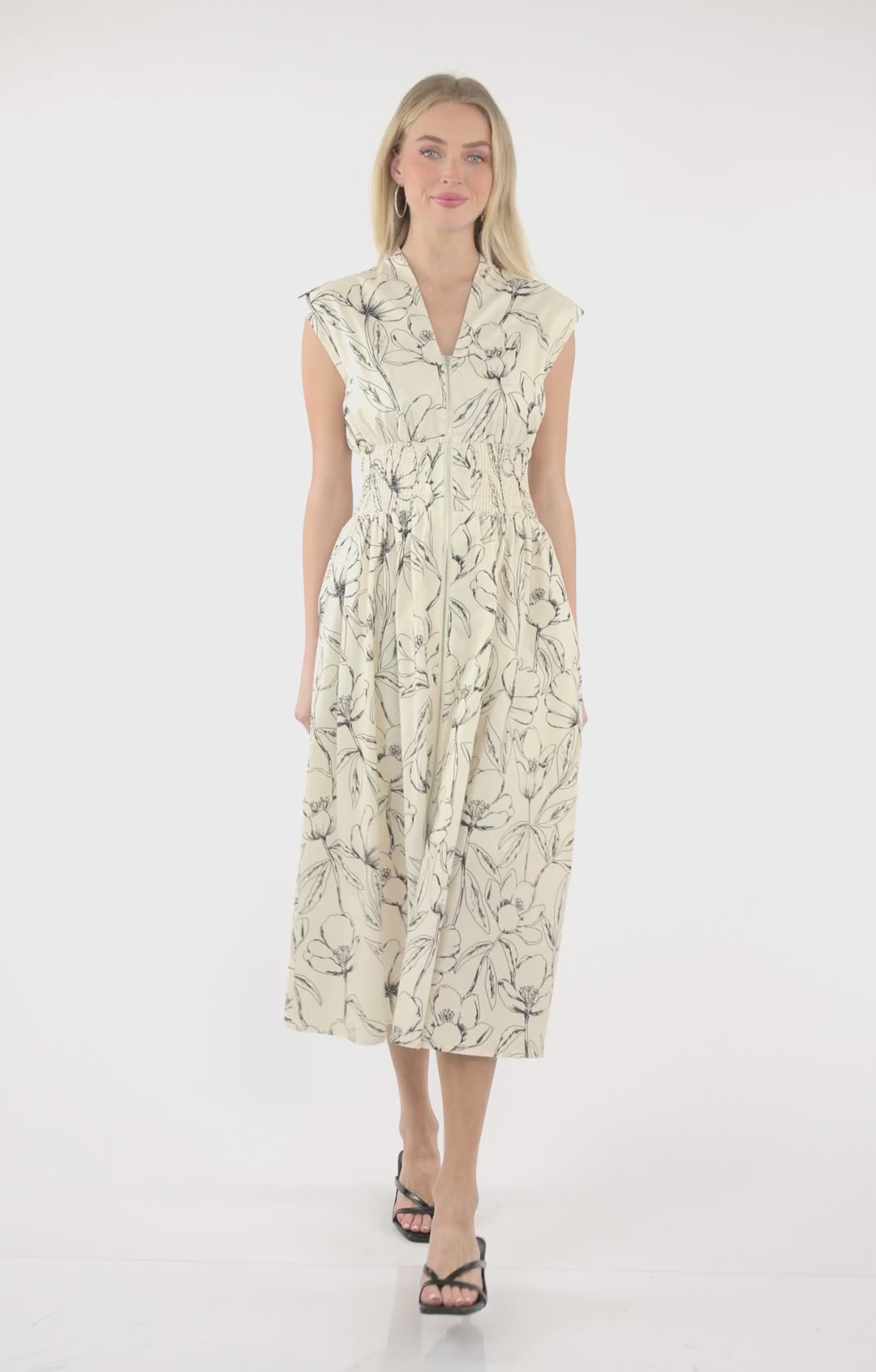 Smocked Waist Front Zip Midi Dress