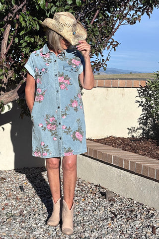 Denim and Floral Button Down Shift Dress Medium