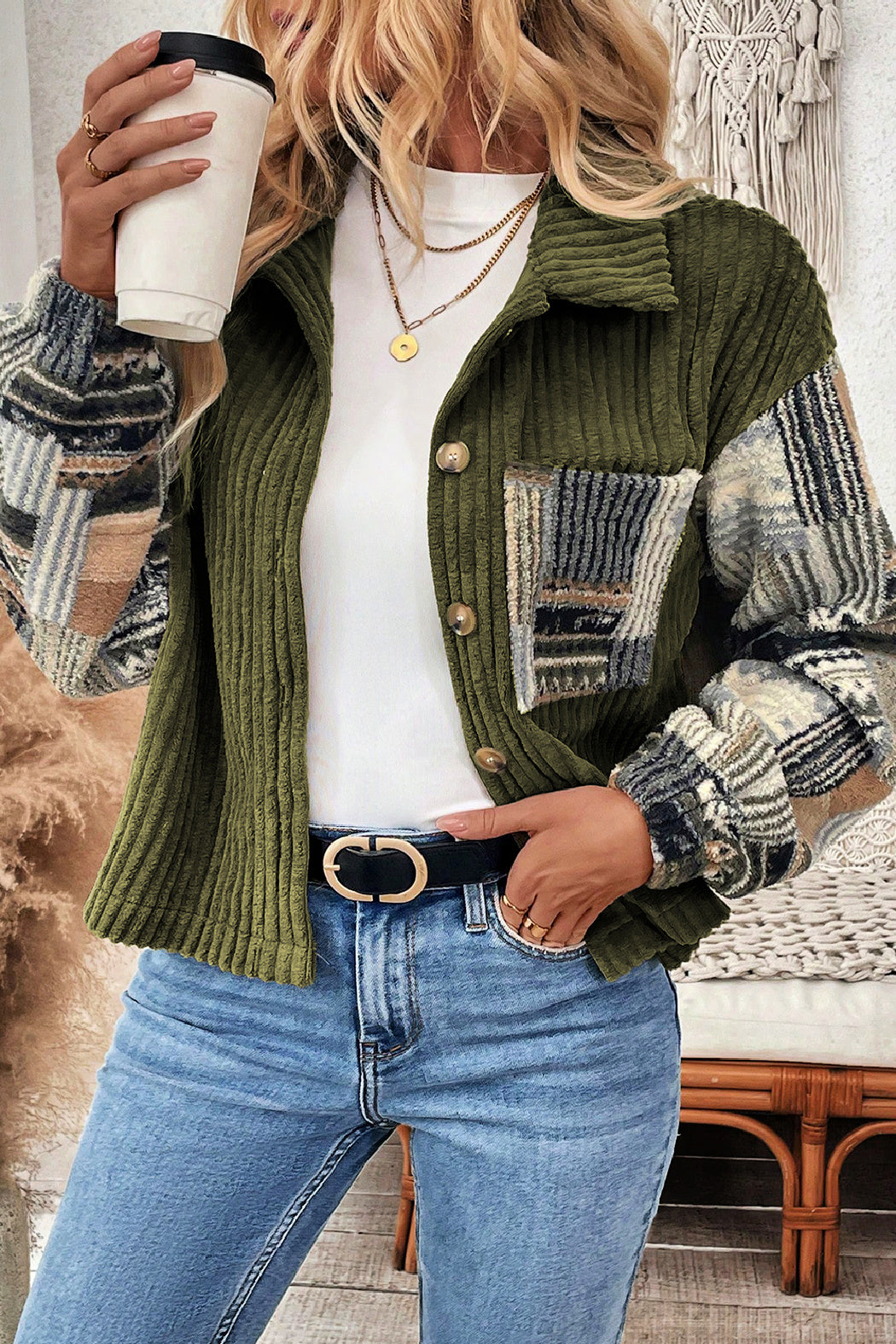 Ribbed Fleece Button Up Jacket