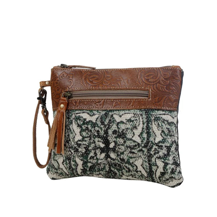 Myra Bag pouch with brown leather top and patterned fabric body 