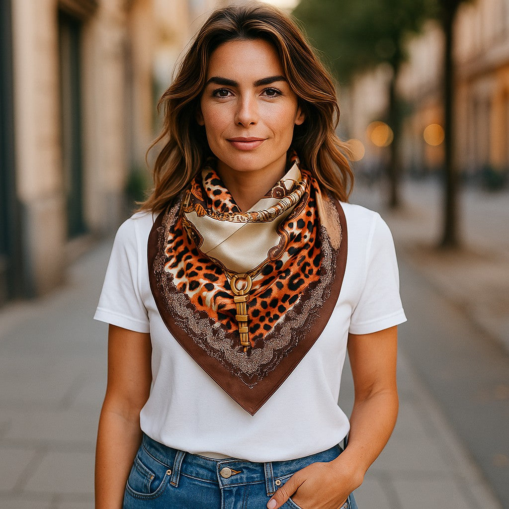 Woman wearing a leopard and buckle print stylish scarf with a blurred street background background