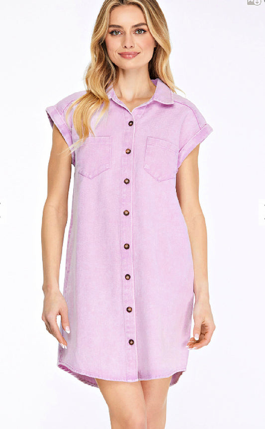 ON SALE - Button Down Washed Twill Shirt Dress - Lilac