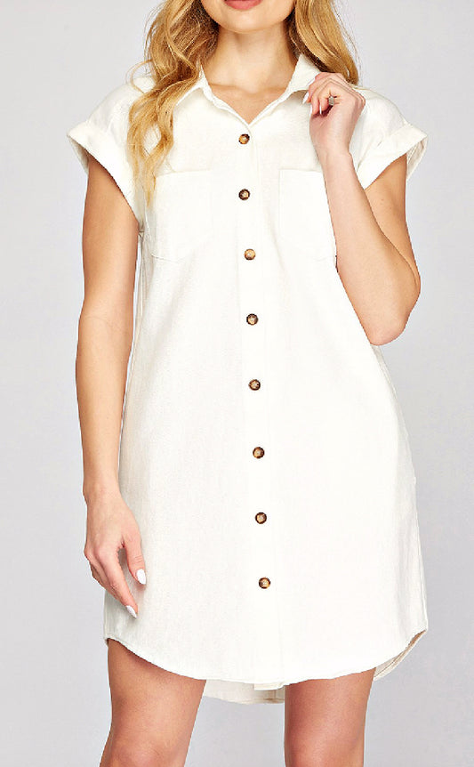 ON SALE - Button Down Washed Twill Shirt Dress - Off White