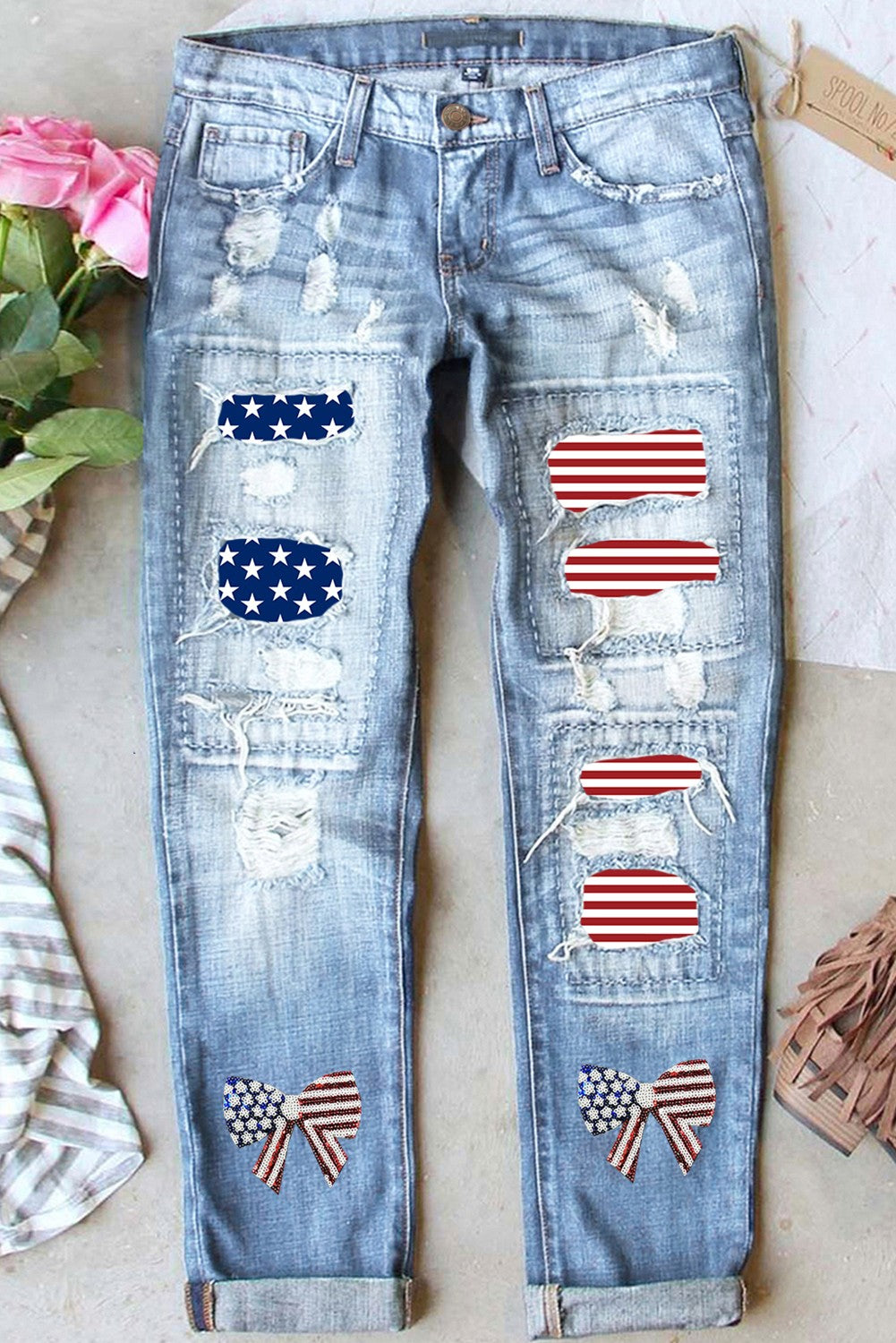 Patriotic Stars and Stripes Distressed Straight-Leg Denim