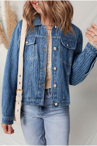 Blue Double Flap Pocket Denim Textured Button Down Jacket