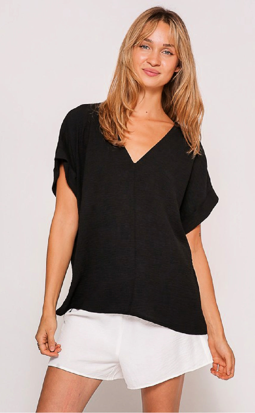 V-Neck Short Sleeve Tunic Style Top - Black
