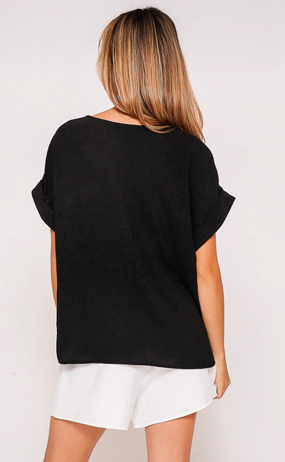 V-Neck Short Sleeve Tunic Style Top - Black