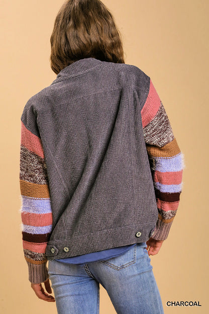 Collared Button Down Jacket with Striped Knit Contrast Sleeves