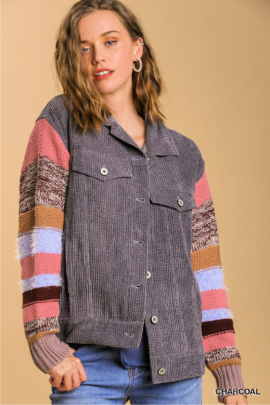 Collared Button Down Jacket with Striped Knit Contrast Sleeves