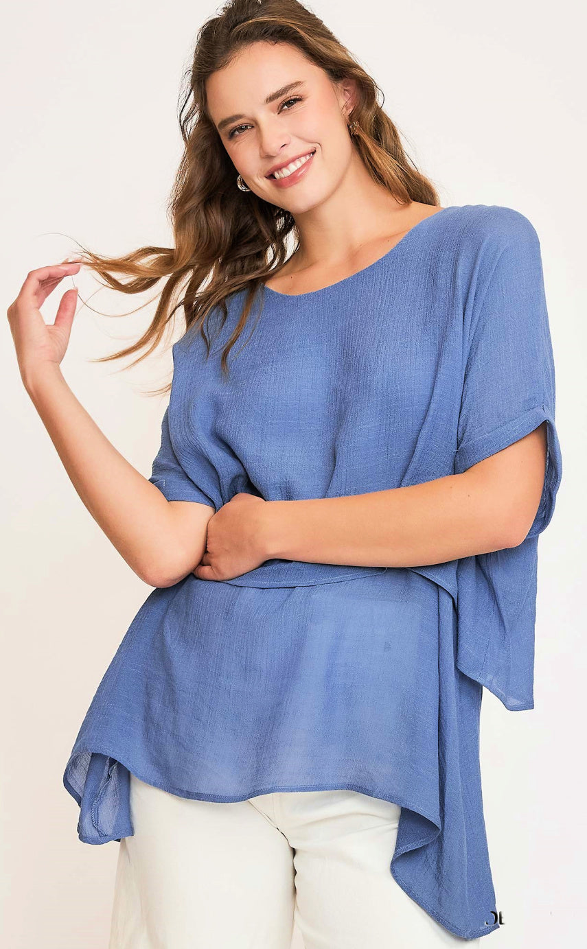 Cuffed Sleeve Layered Tunic Top - Denim Blue
