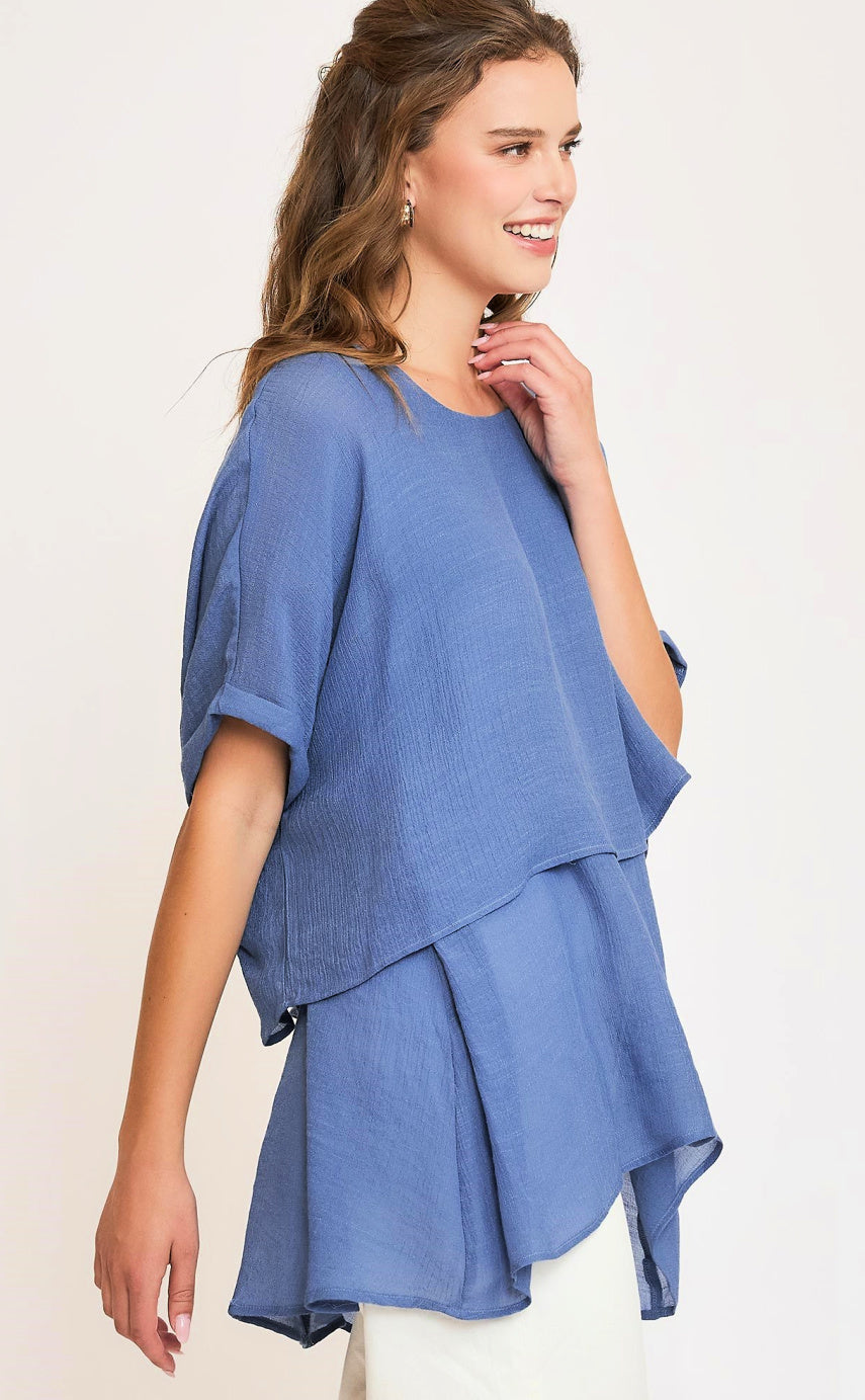 Cuffed Sleeve Layered Tunic Top - Denim Blue