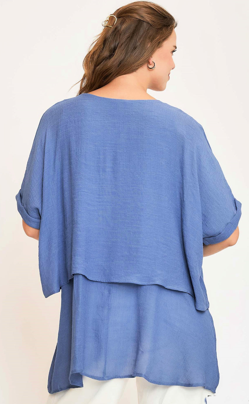 Cuffed Sleeve Layered Tunic Top - Denim Blue