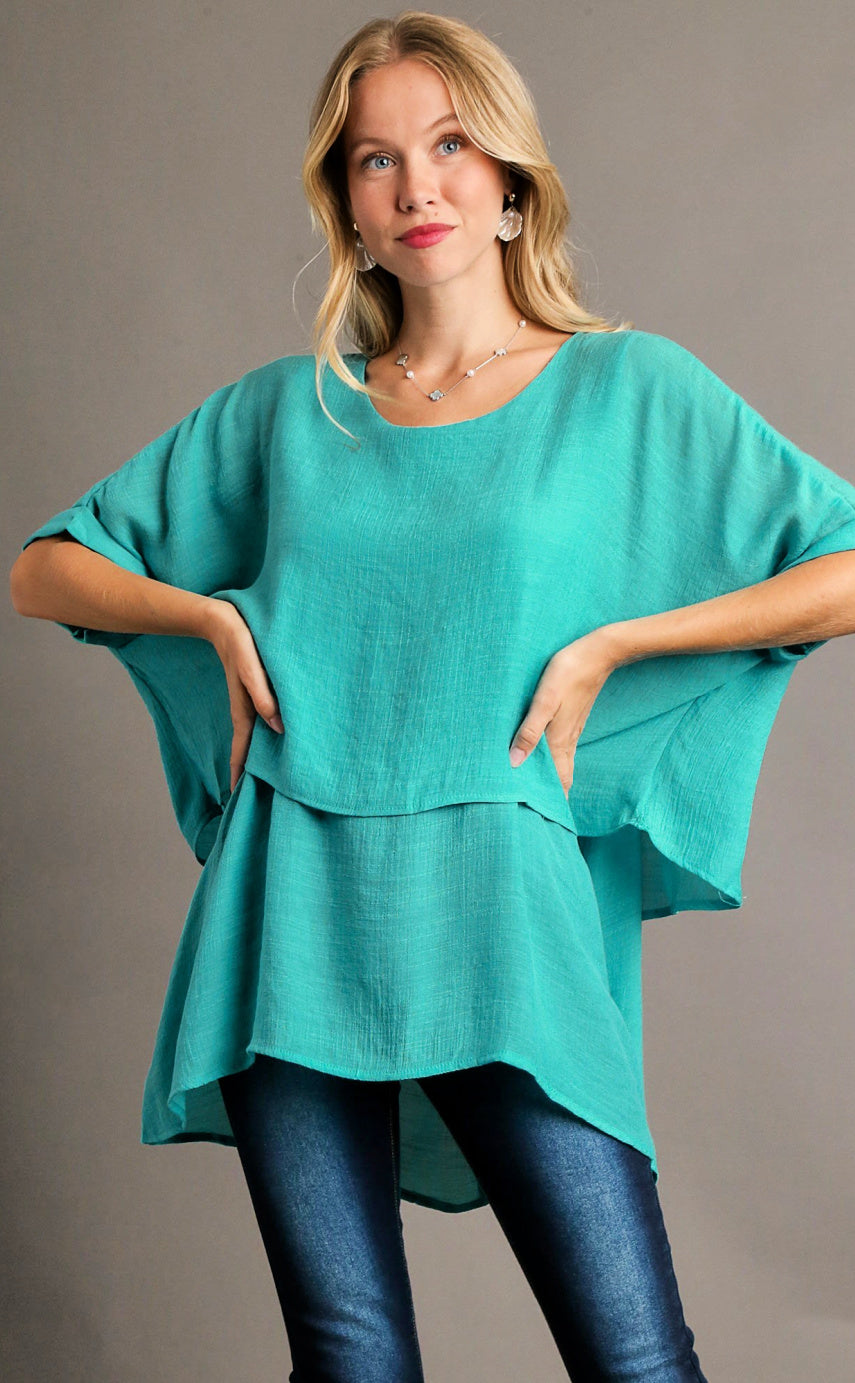 Cuffed Sleeve Layered Tunic Top - Jade