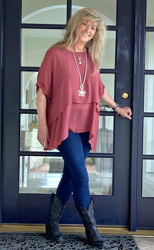 Cuffed Sleeve Layered Tunic Top - Rosewood