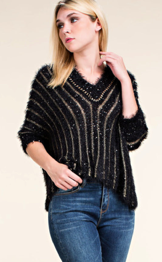 Black Crop Sweater with Gold Stripe