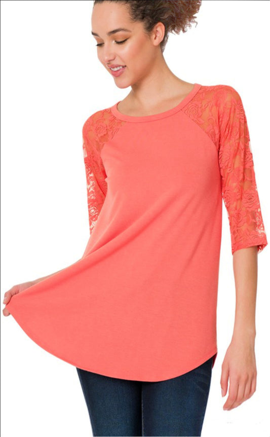 ON SALE - Tunic Top with Lace Sleeves - Coral