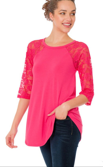 On SALE - Tunic Top with Lace Sleeves - Fuchsia