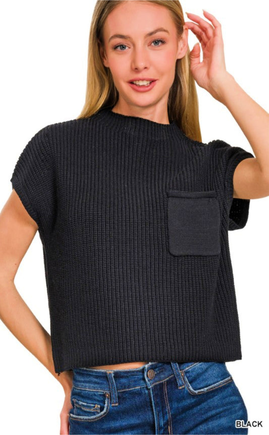 Mock Neck Short Sleeve Crop Sweater - Black