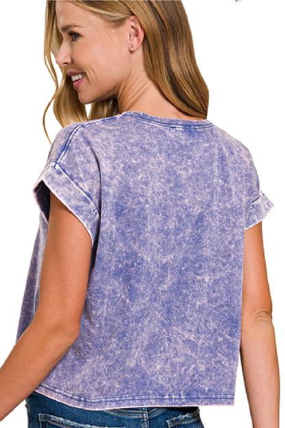 Washed Cuffed Short Sleeve Crop Tee - Blueberry