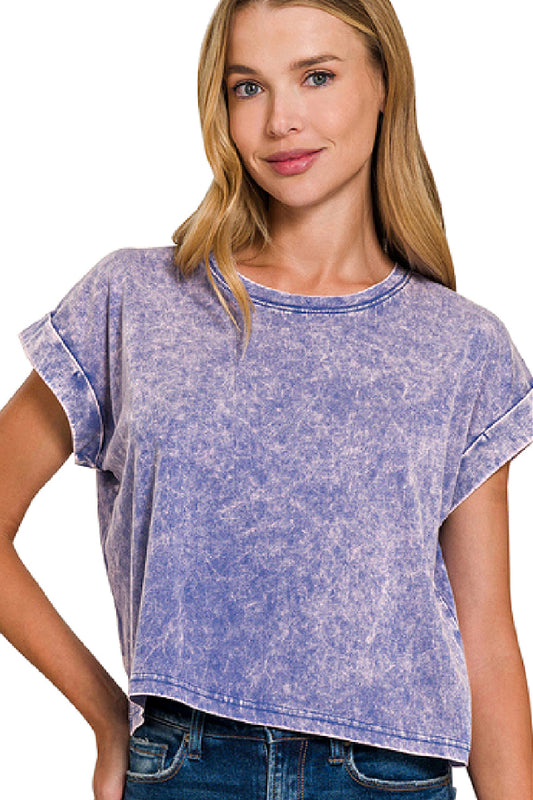 Washed Cuffed Short Sleeve Crop Tee - Blueberry