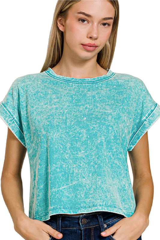 Washed Cuffed Short Sleeve Cropped Tee - Light Turquoise