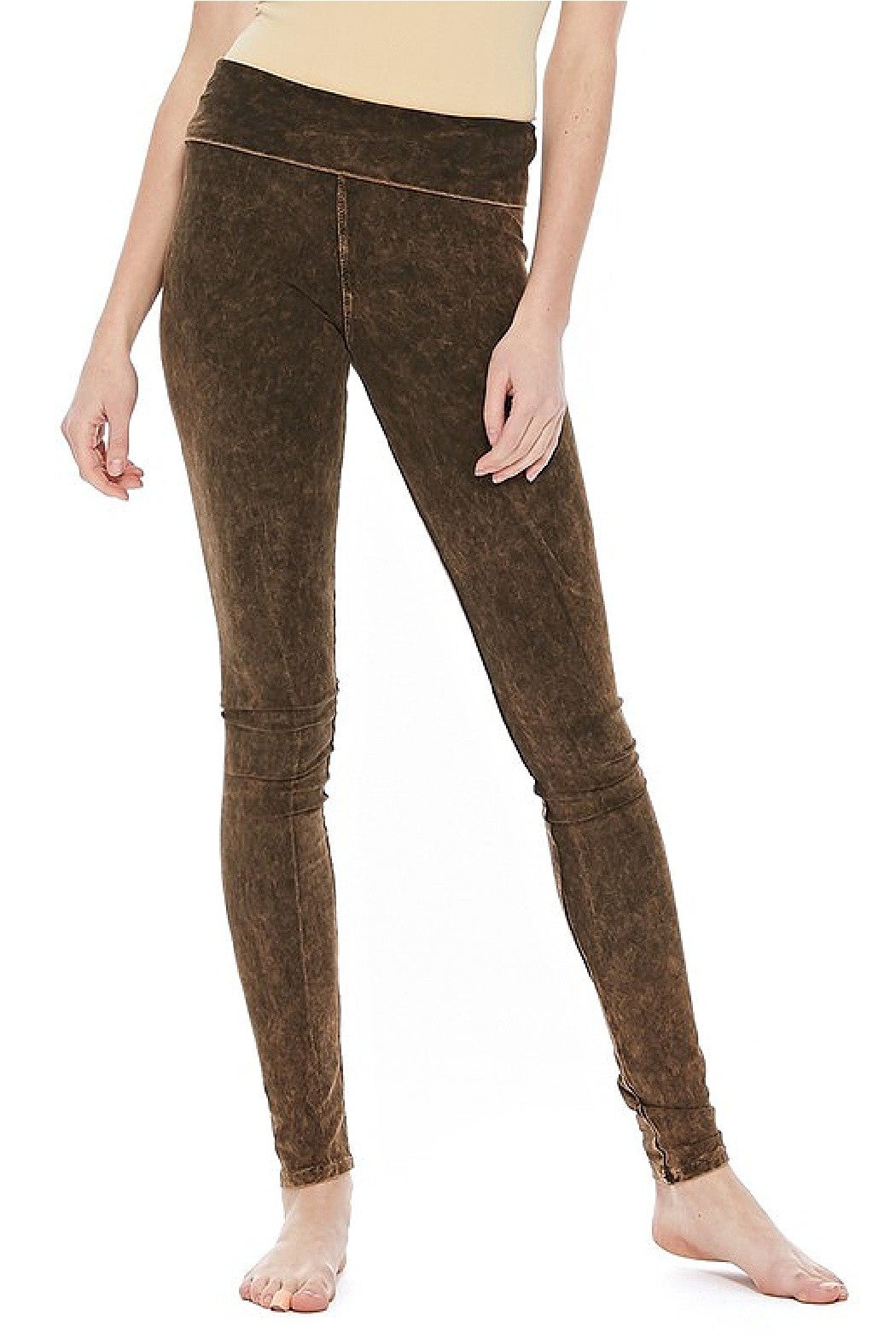 Mineral Washed Fold-Over Waist Leggings - Brown